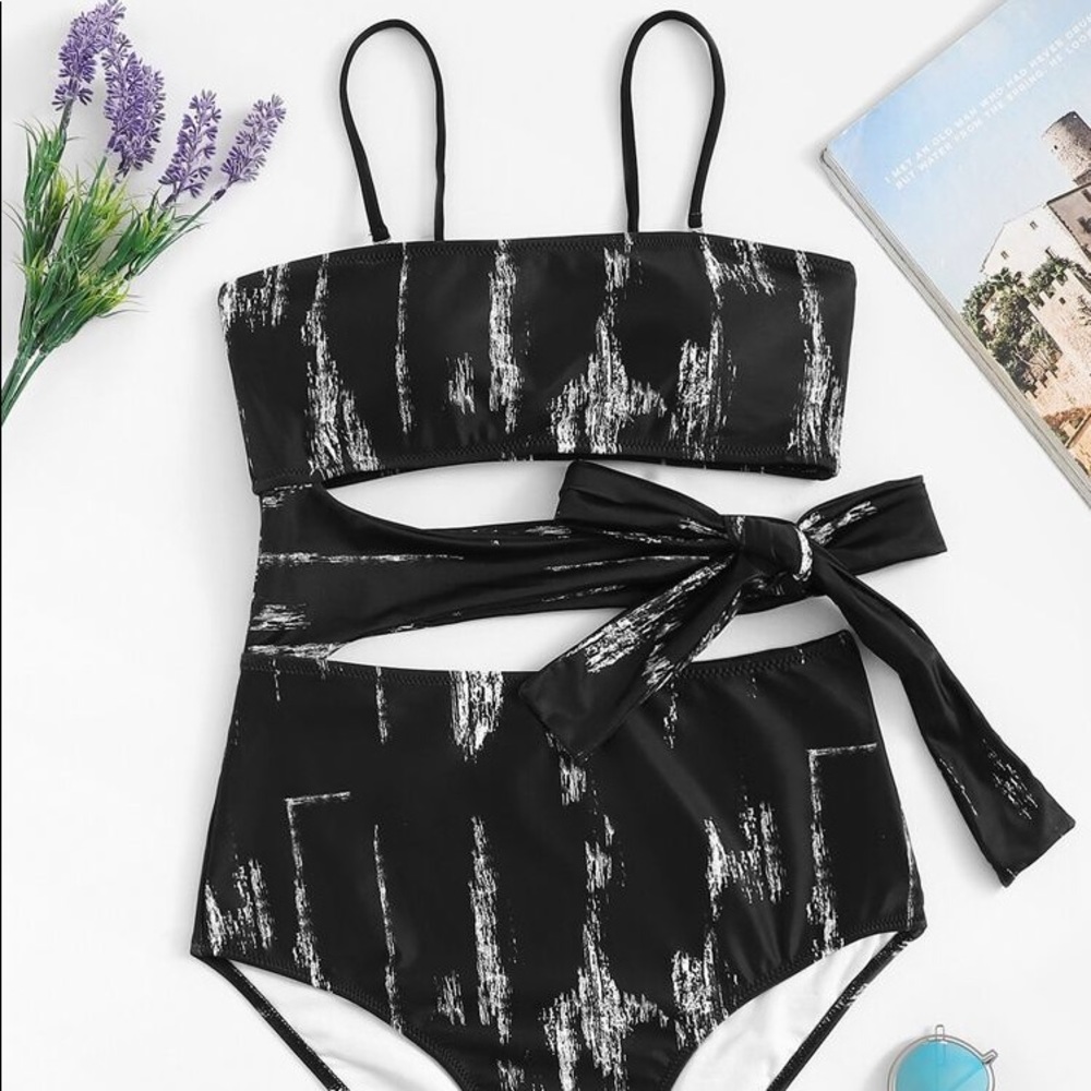 Self Tie Top With High Waist One Piece Swimsuit